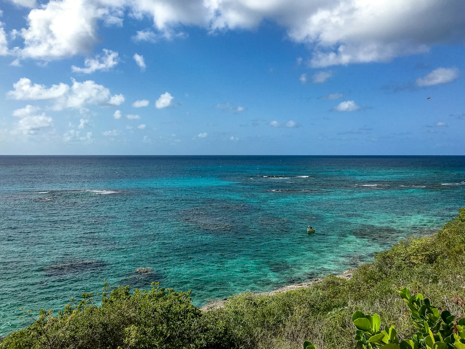 A view over the turquoise reef water and green shore, Anguilla
