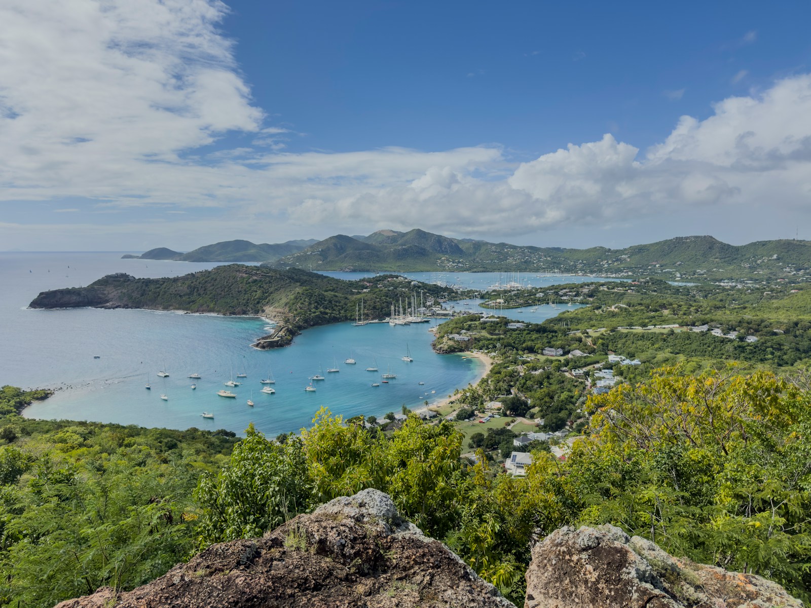 An aerial view of the yacht-filled English and Falmouth Harbours, Antigua