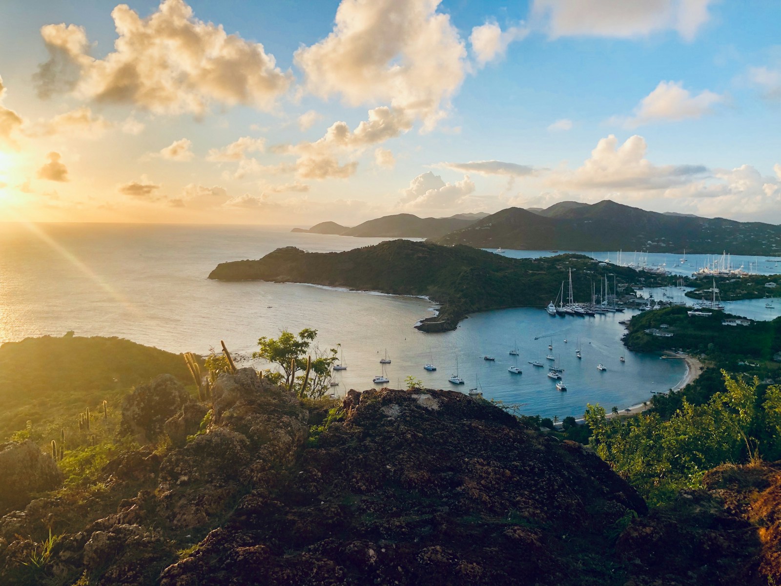 The Shirley Heights sunset view over English Harbour and its yachts, Antigua