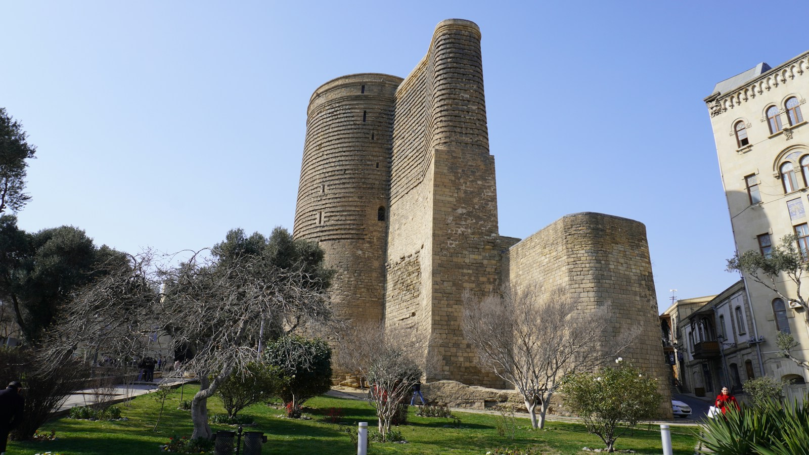 The medieval cylindrical Maiden Tower in the walled old city of Baku