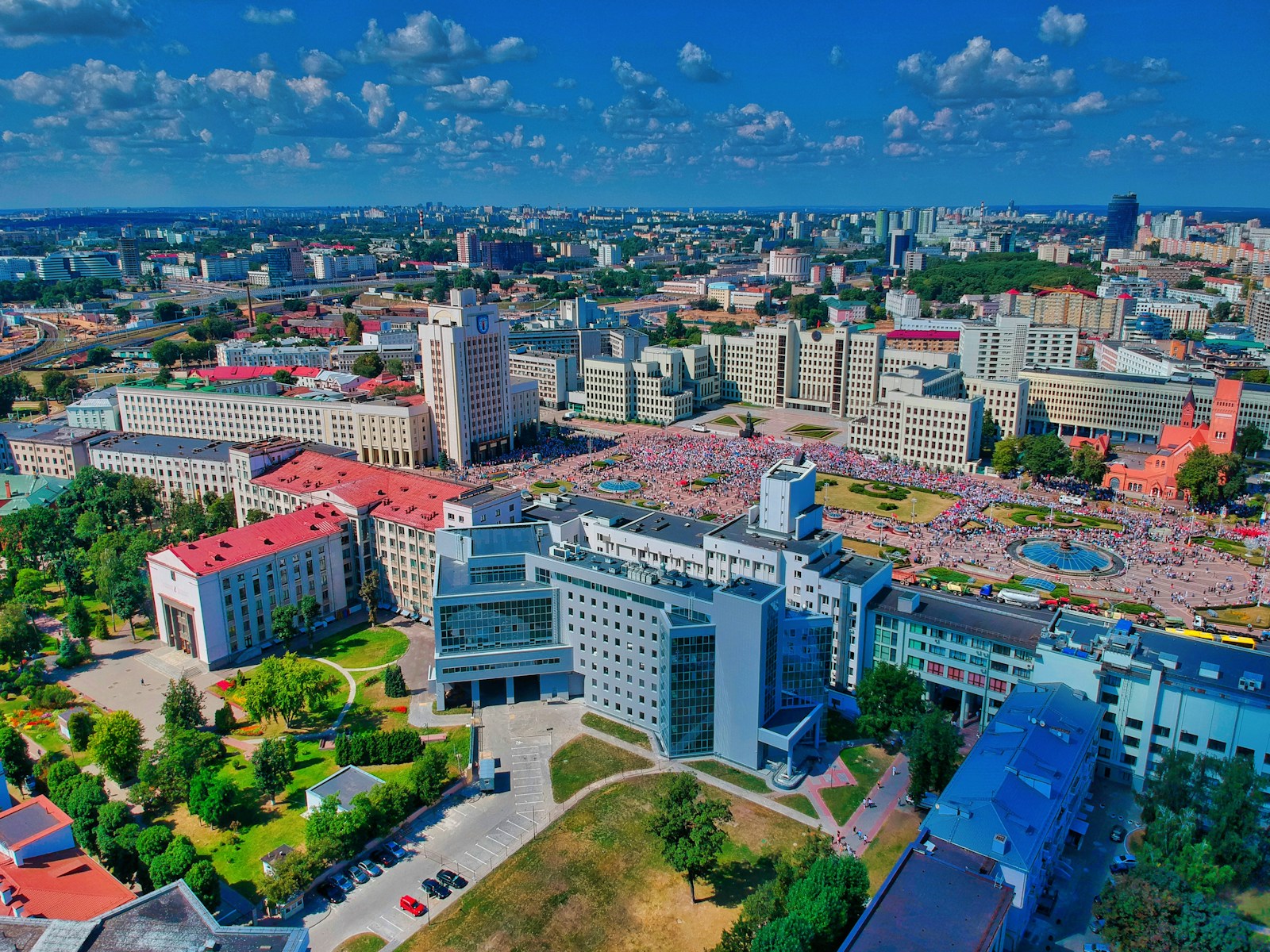 Aerial of the government buildings and skyline of Minsk, Belarus