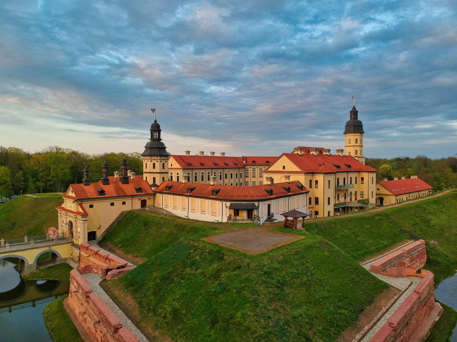 Aerial of the Nesvizh Castle and its moat, Belarus