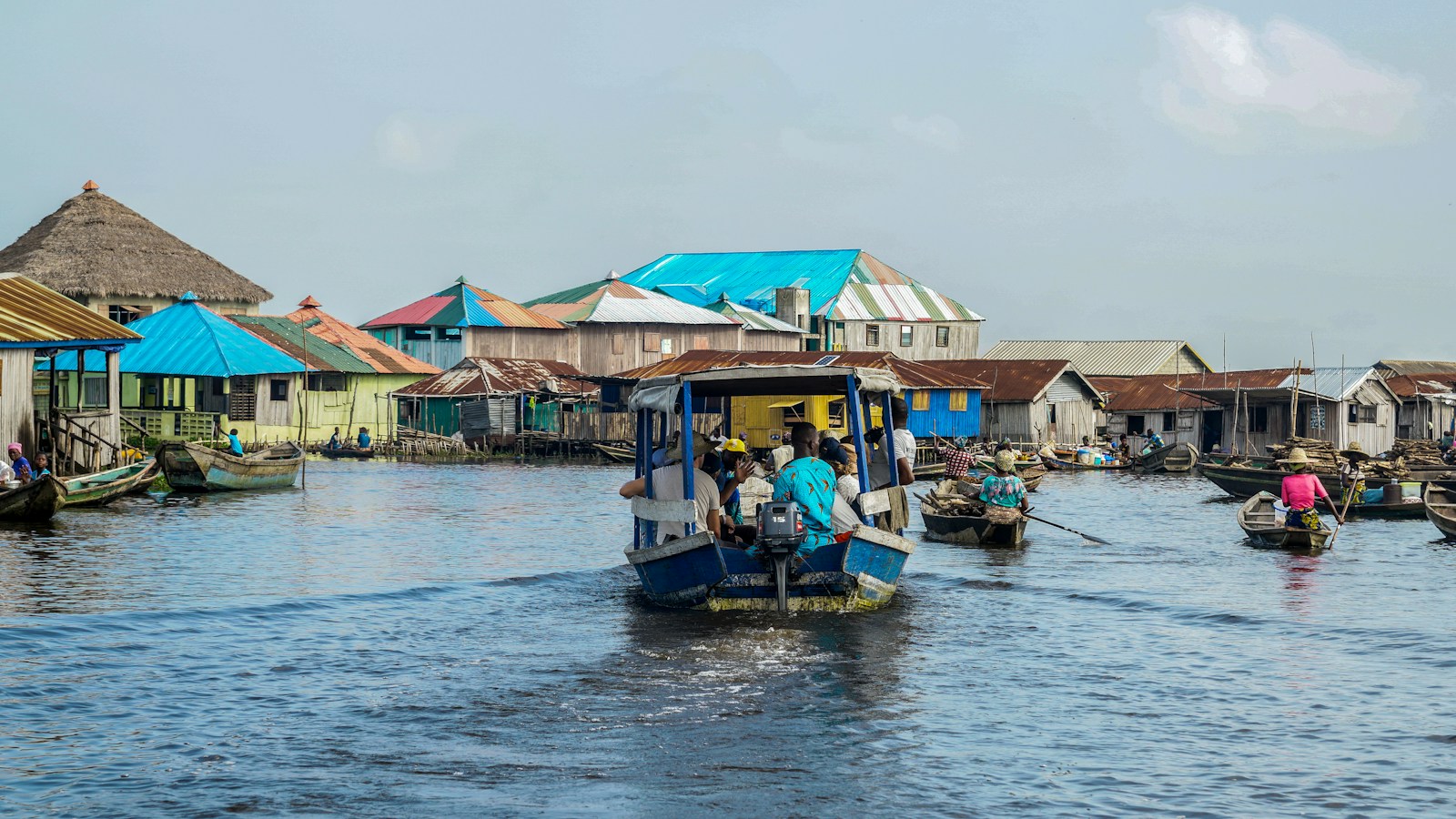 The colourful stilt village of Ganvie on Lake Nokoue, Benin