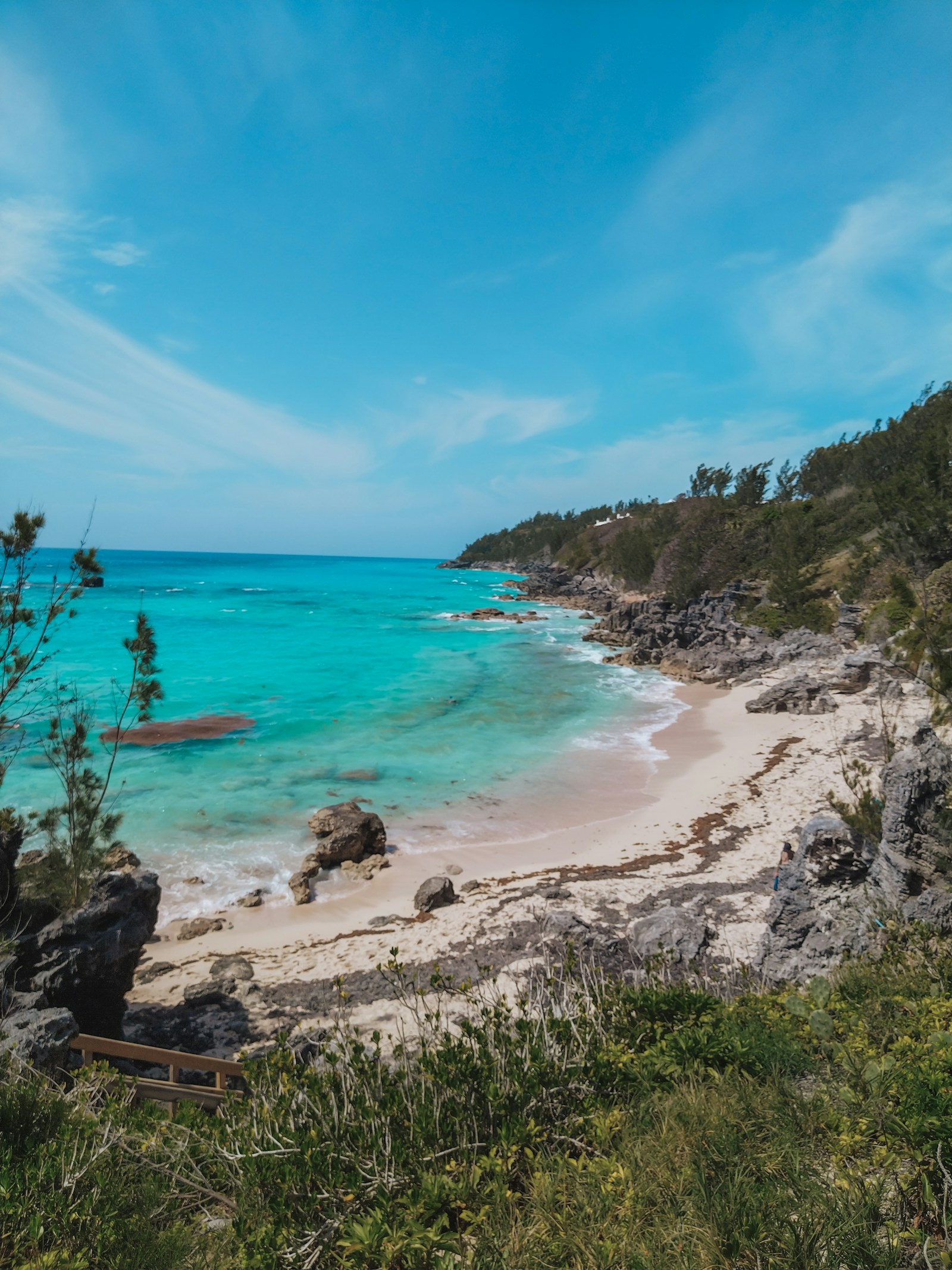 A pink-sand cove with turquoise water and dark limestone rocks, Bermuda