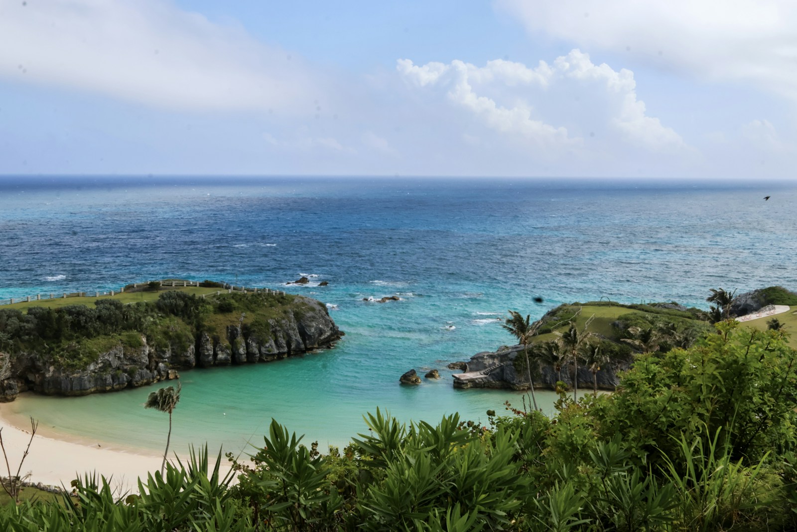 A turquoise cove framed by two green rocky headlands on the Atlantic, Bermuda
