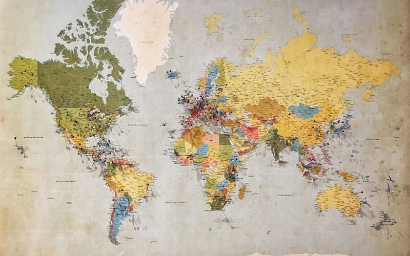 A world map with colored countries