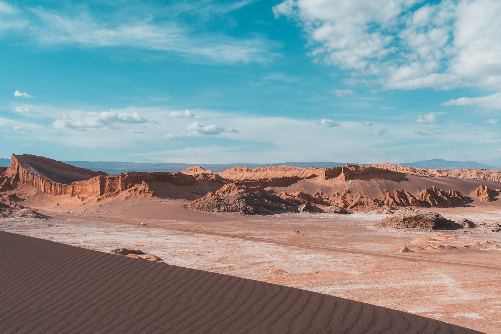 The red rock and dunes of the Valle de la Luna in the Atacama Desert