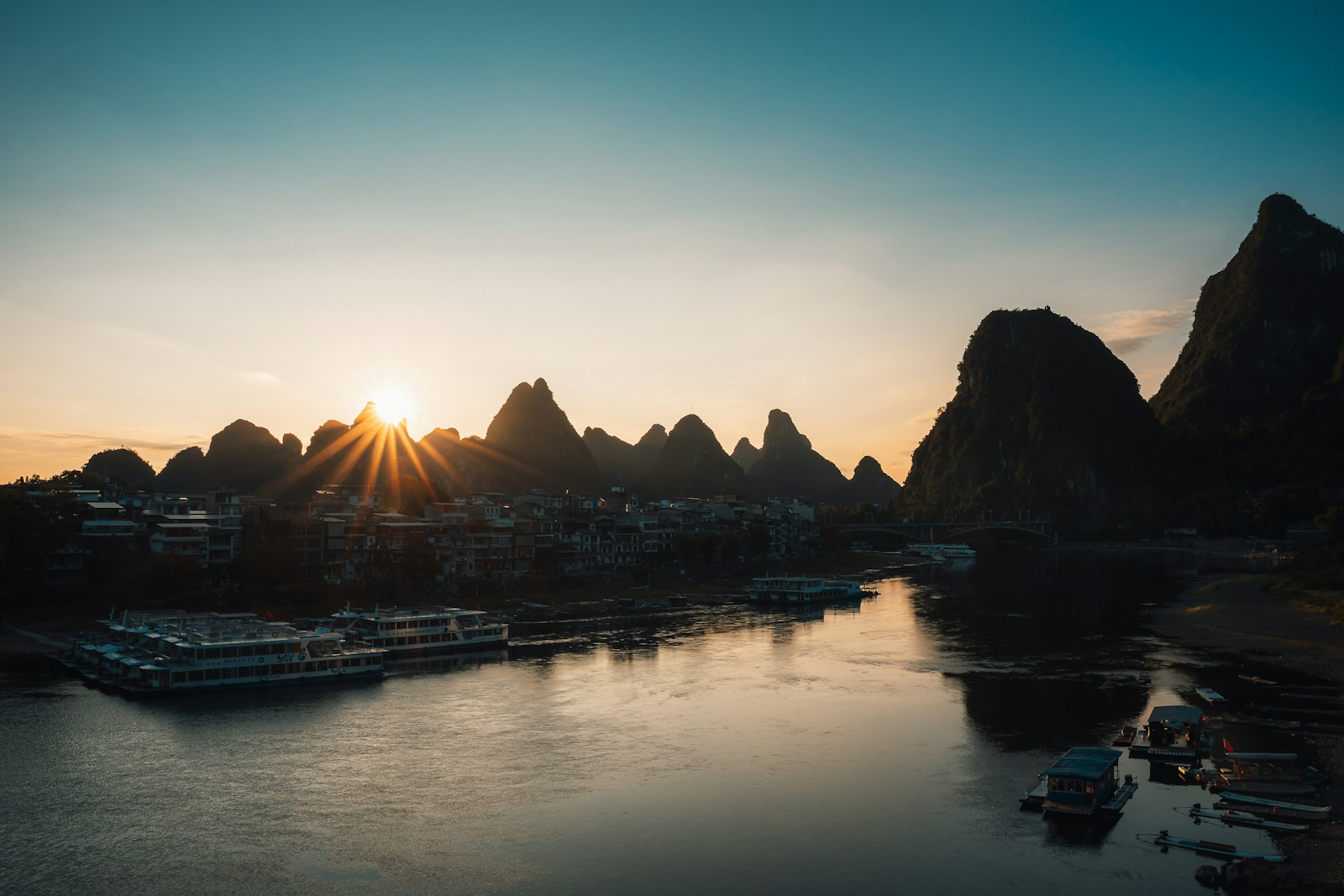 Karst peaks along the Li River at sunset near Guilin