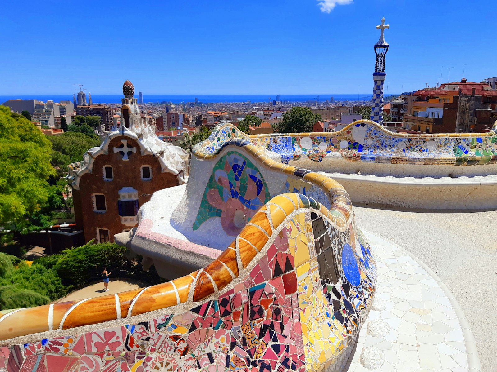 Mosaic bench at Park Guell overlooking Barcelona