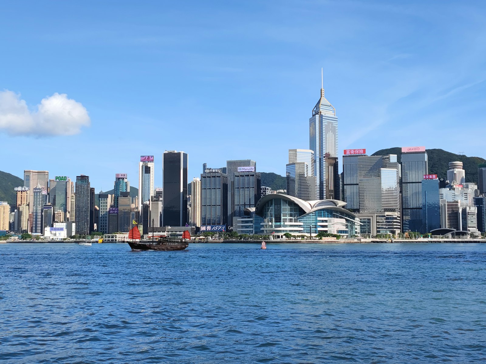 The Hong Kong skyline over Victoria Harbour with a boat in the foreground