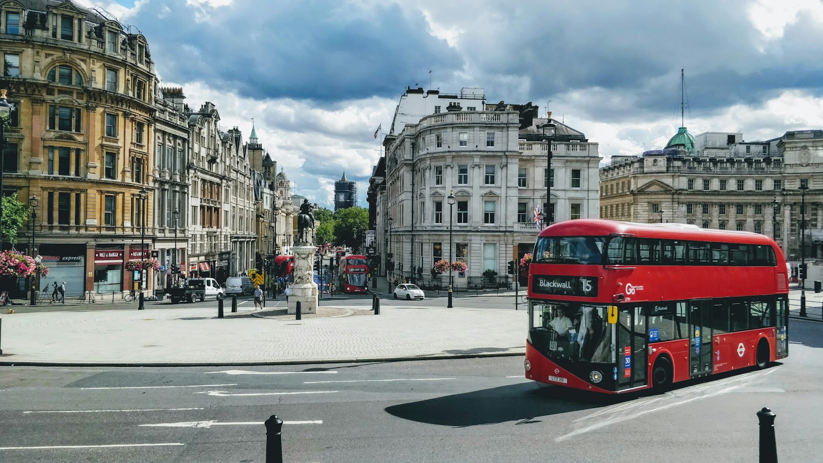 A red double-decker bus in central London
