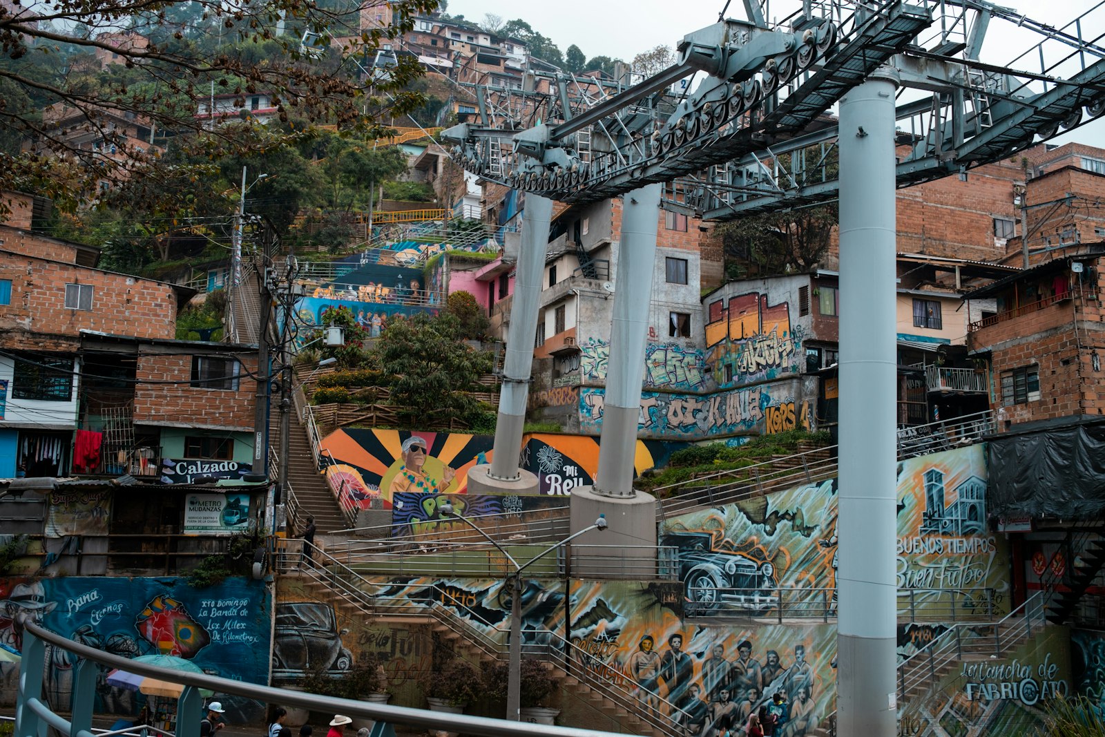 Colourful street art and stairs in Comuna 13, Medellin