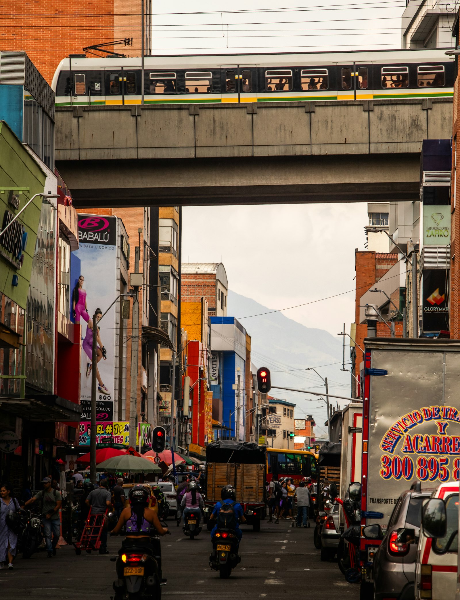 A Medellin Metro train crossing the city