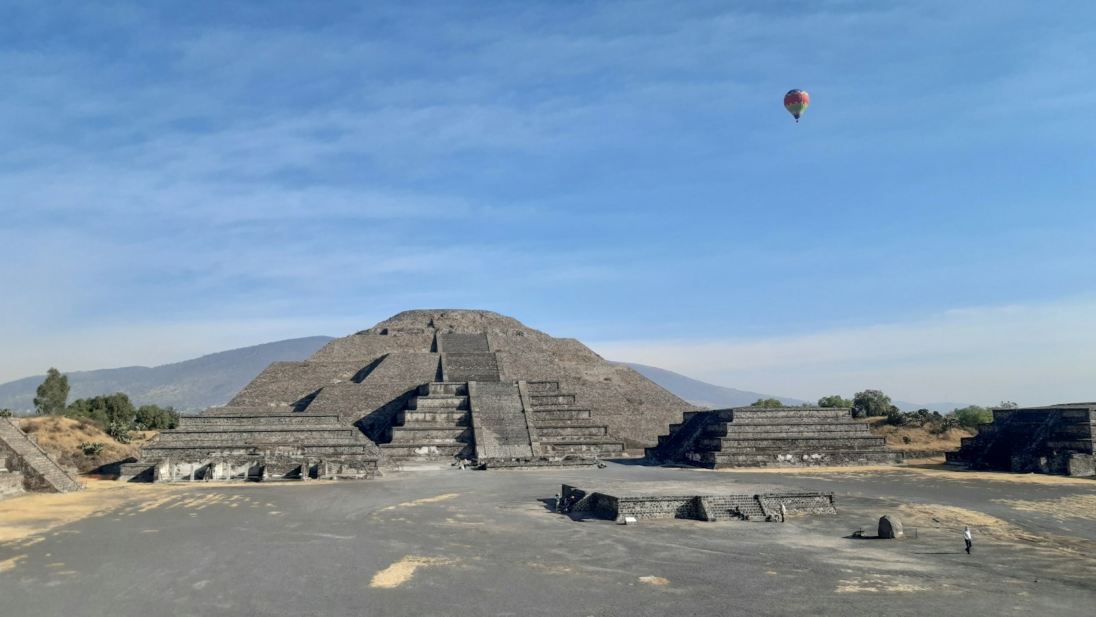 A hot air balloon over the pyramids of Teotihuacan near Mexico City