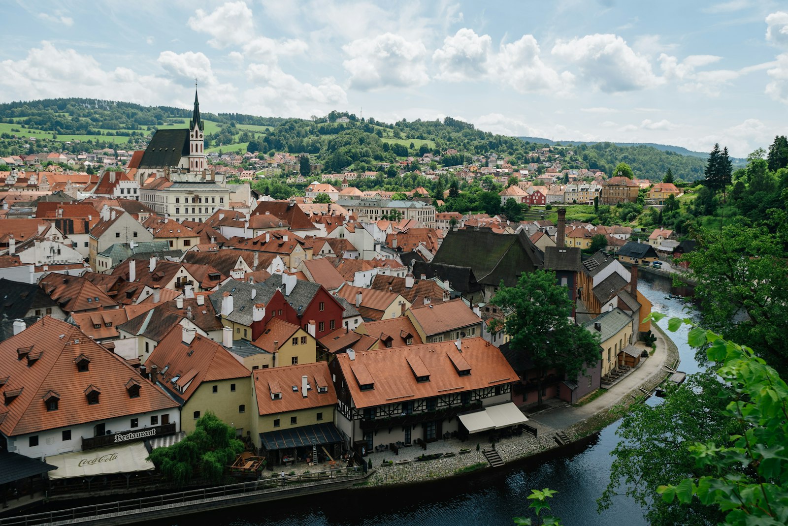 The town of Cesky Krumlov with a river bending through it, Czech Republic