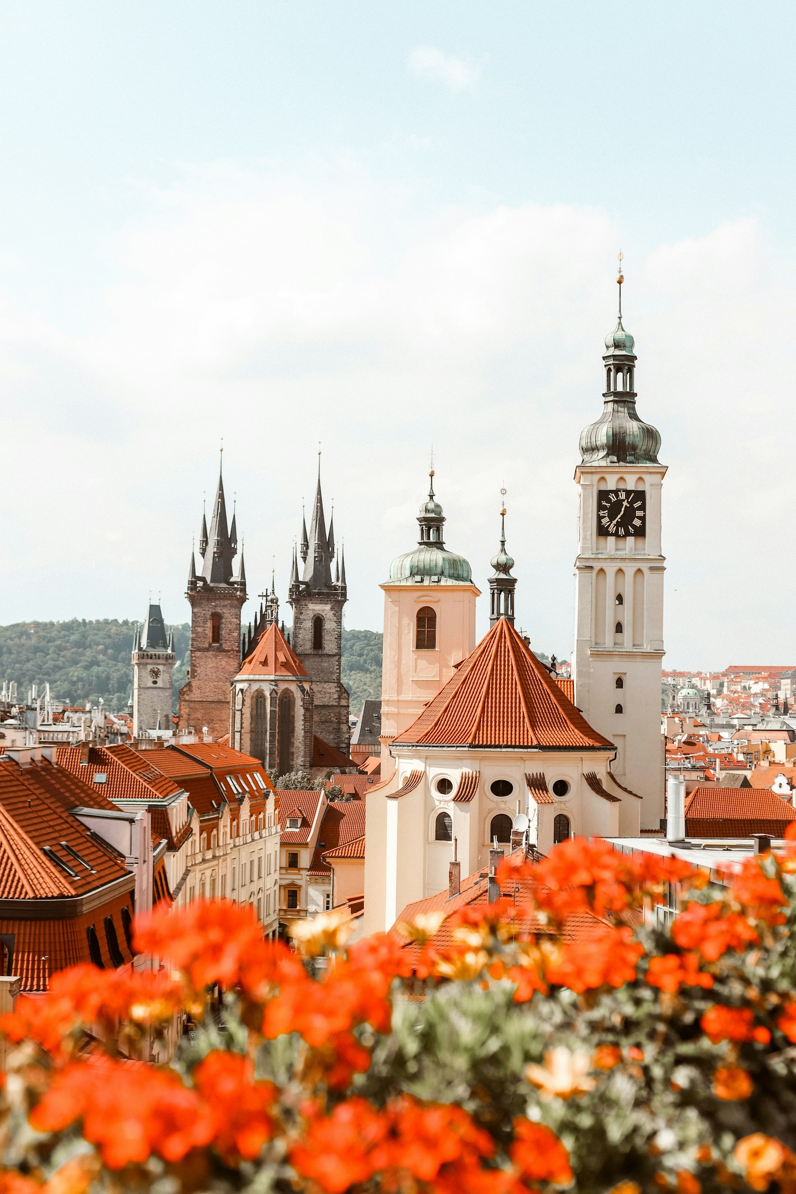 The red rooftops and spires of Prague