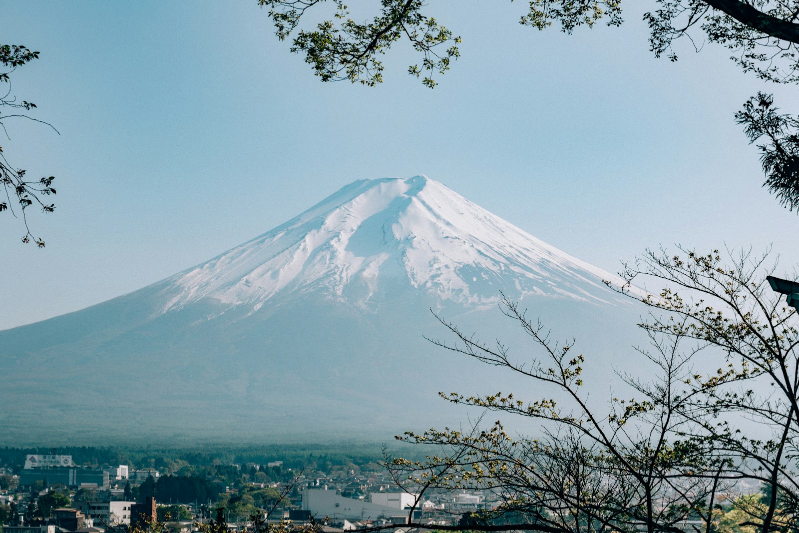 Mount Fuji rising above a town, a day trip from Tokyo