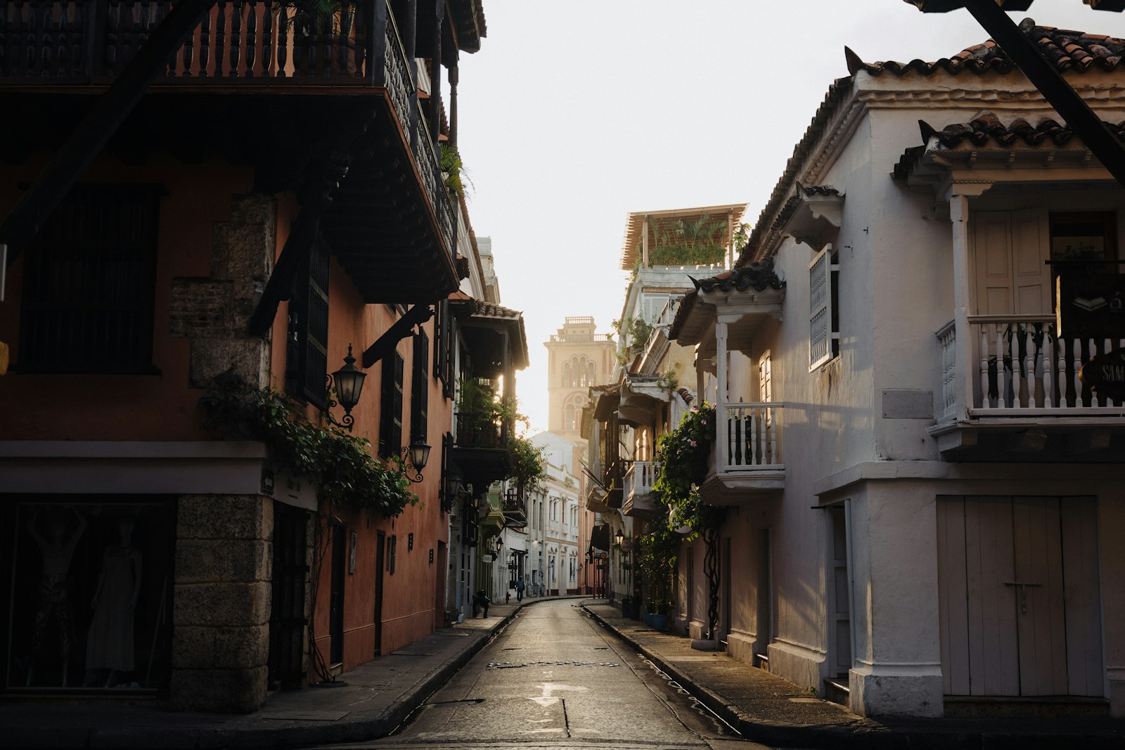 A colonial street with wooden balconies in the old town of Cartagena