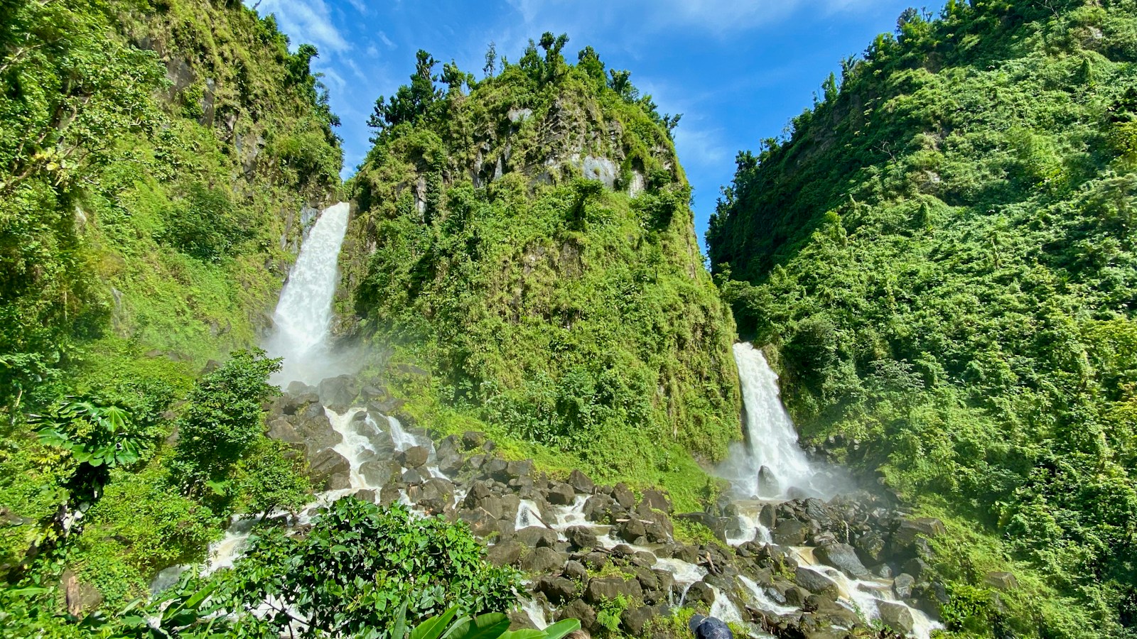 The twin Trafalgar Falls plunging down forested cliffs to a boulder pool, Dominica