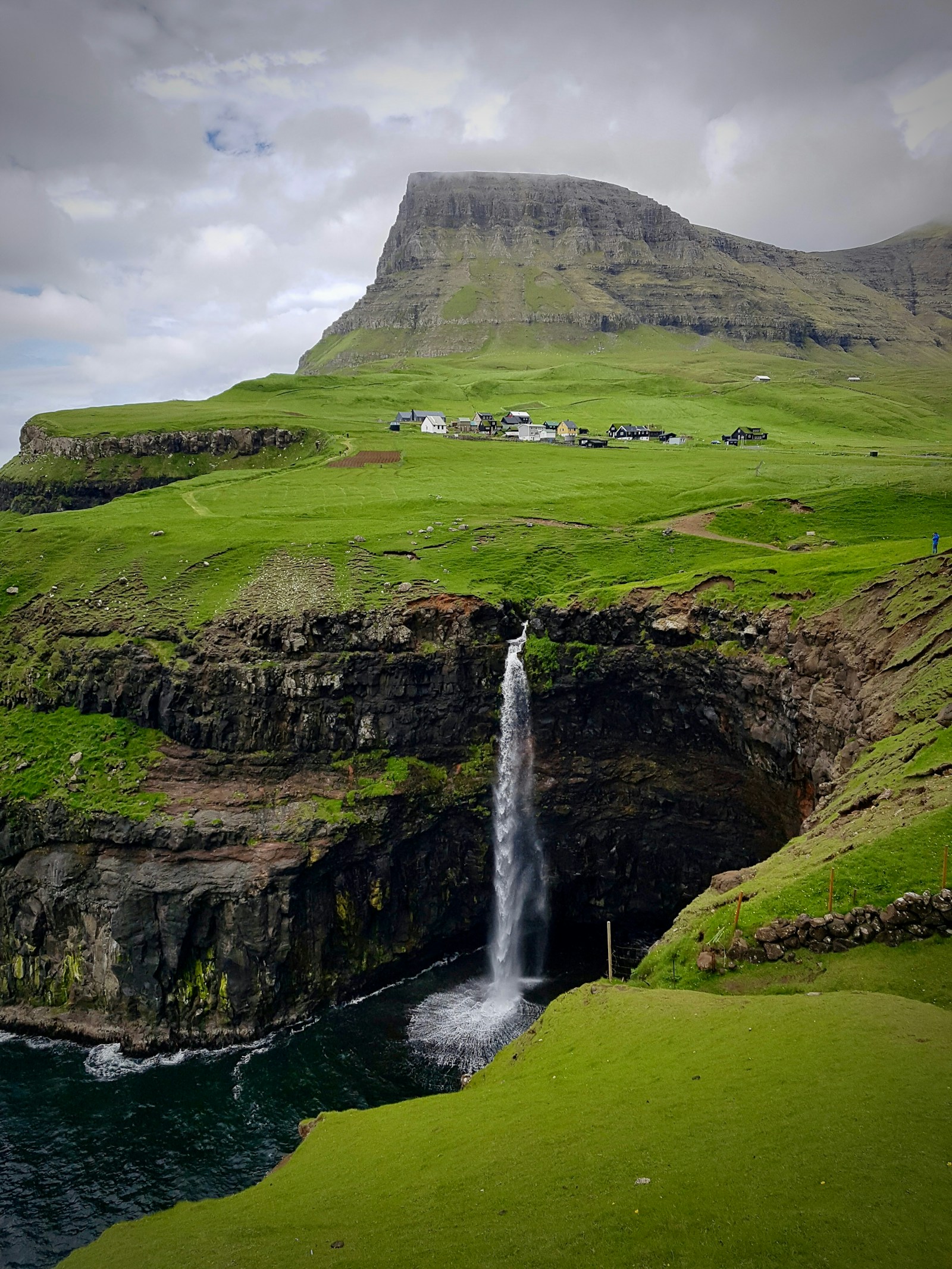 The Mulafossur waterfall plunging off a cliff into the sea by Gasadalur village, Faroe Islands