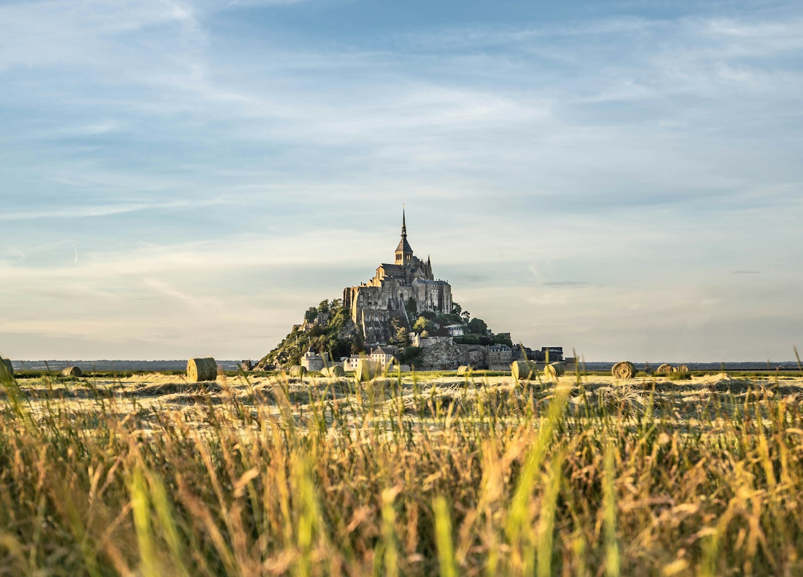 Mont-Saint-Michel rising over golden fields in Normandy