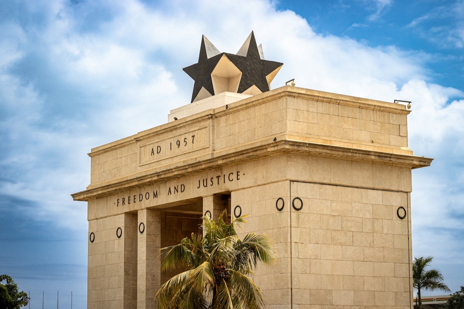 The Black Star Gate independence monument inscribed Freedom and Justice in Accra, Ghana