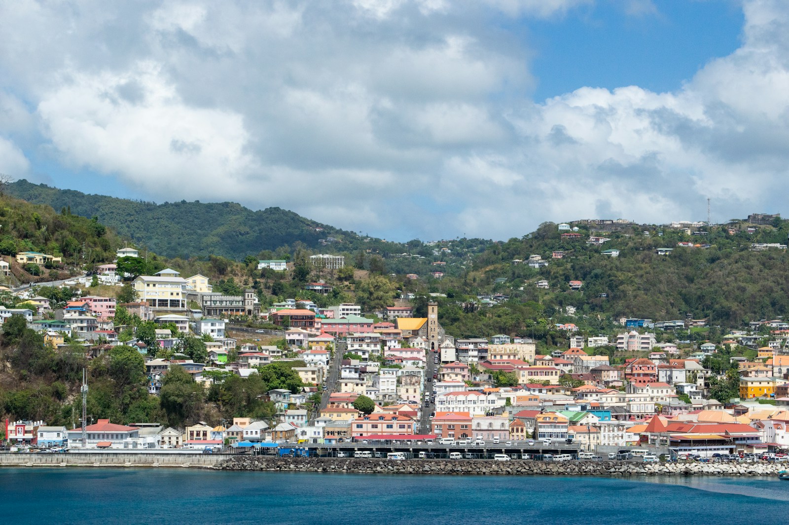 The colourful hillside town of St George's seen from the water, Grenada