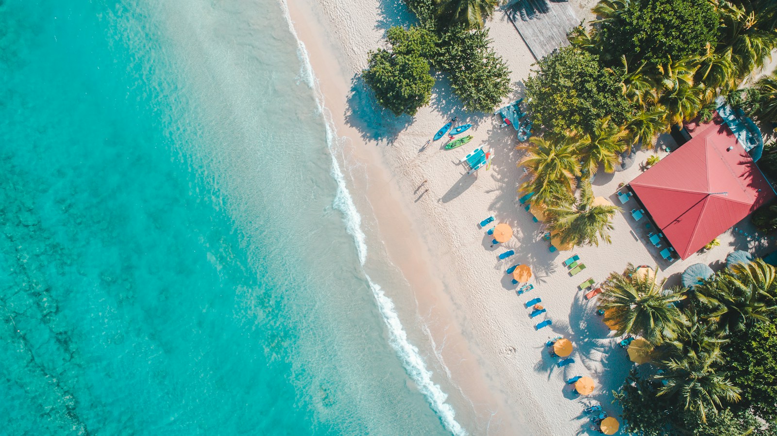 An aerial view of a turquoise Grenada beach with palms and umbrellas