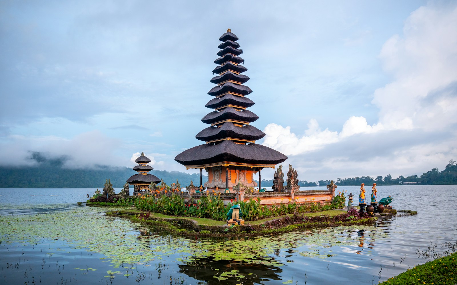 The tiered pagoda of the Ulun Danu Beratan water temple on Lake Bratan, Bali
