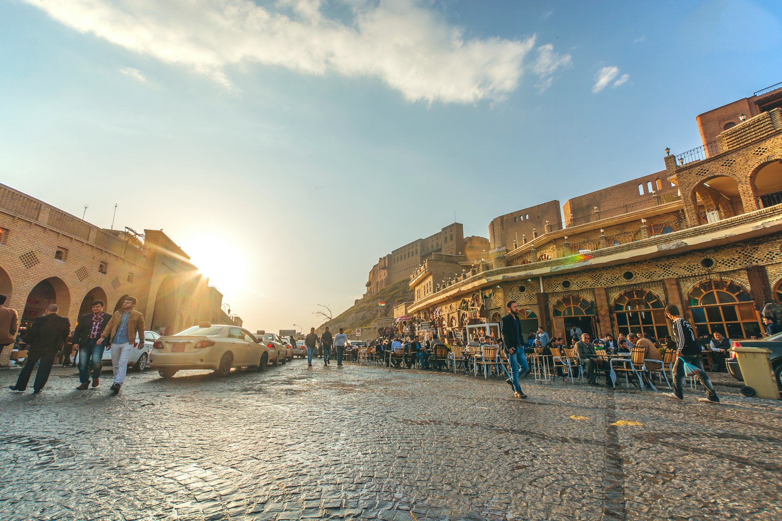 The Machko tea house and old bazaar below Erbil Citadel at sunset, Iraq