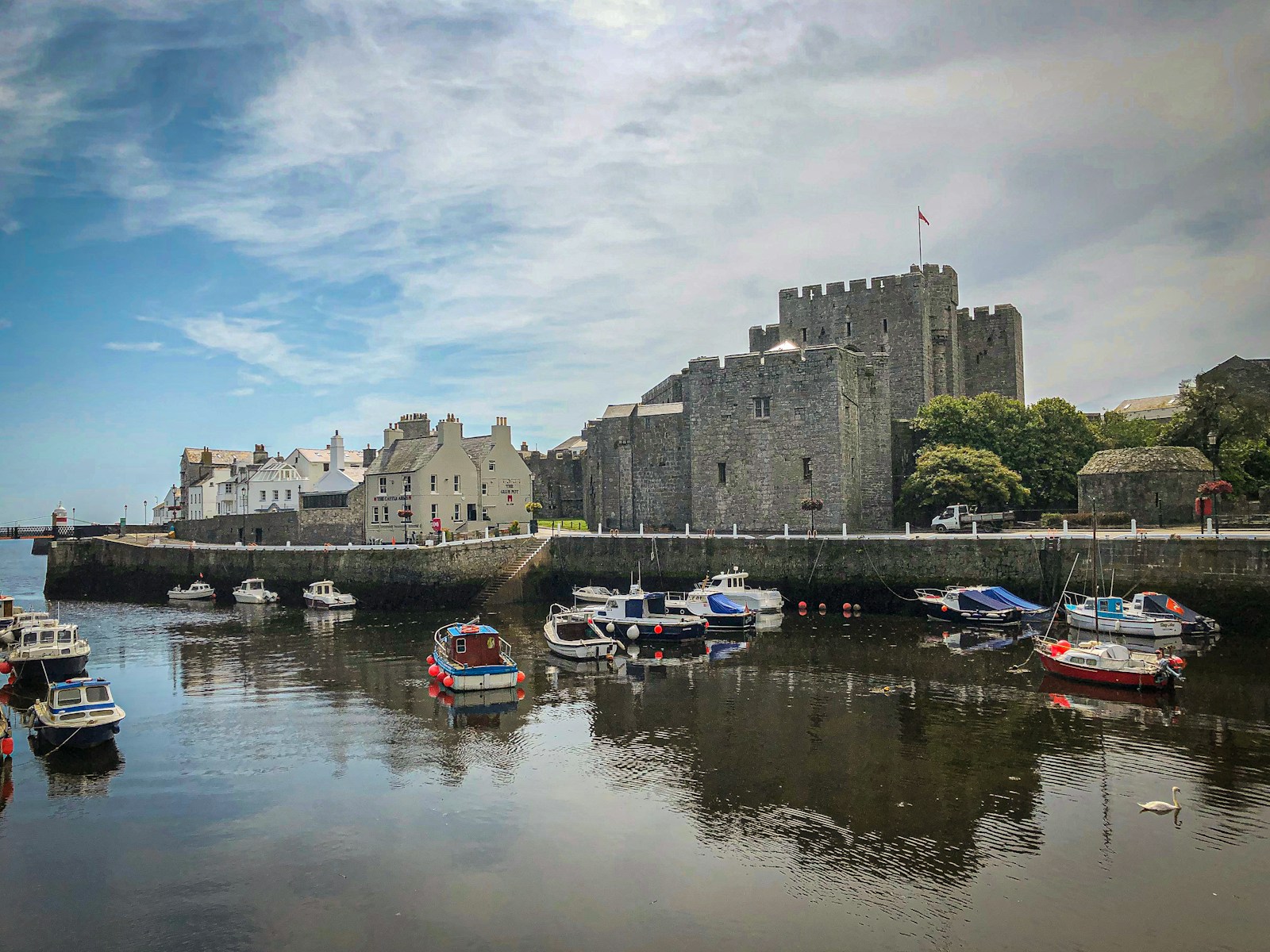 Castle Rushen and the harbour boats at Castletown, Isle of Man