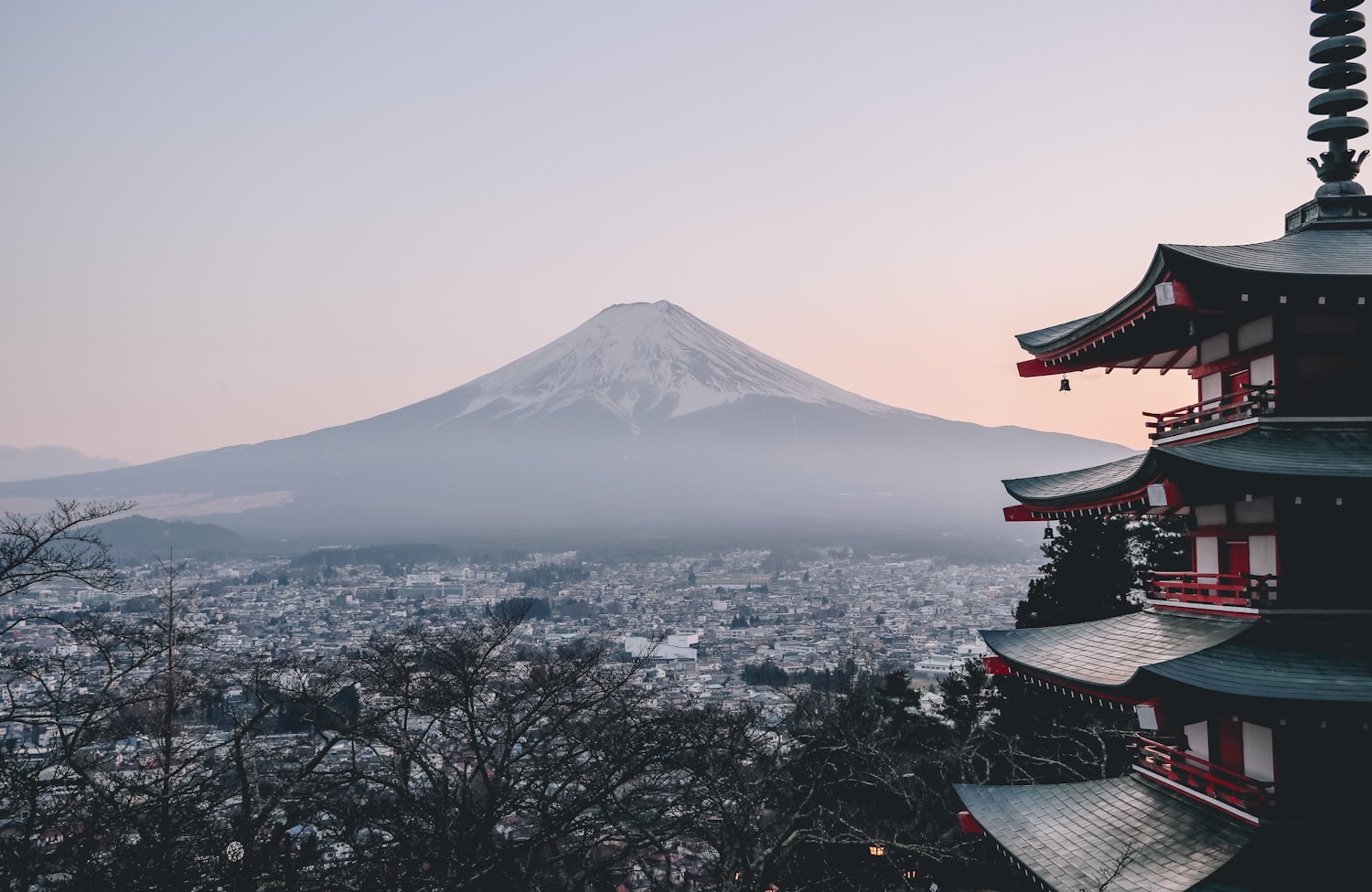 Chureito Pagoda with Mount Fuji behind it in spring