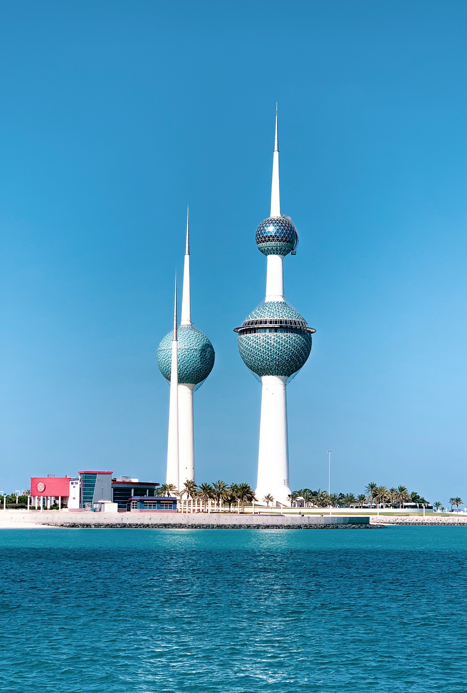 The Kuwait Towers with their blue-green mosaic spheres rising above the Gulf, Kuwait City