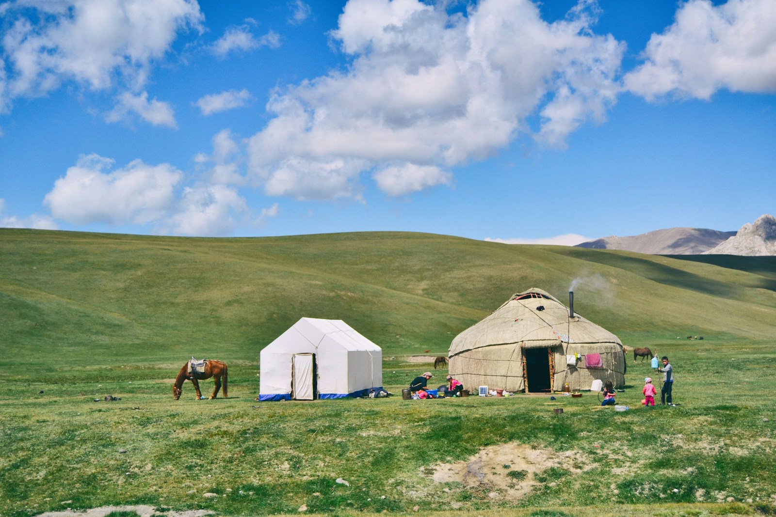 A nomad family and grazing horse beside felt yurts on a green summer jailoo in Kyrgyzstan