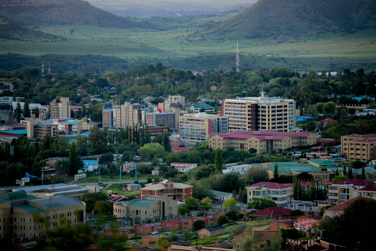 The capital Maseru spread out below green hills, Lesotho