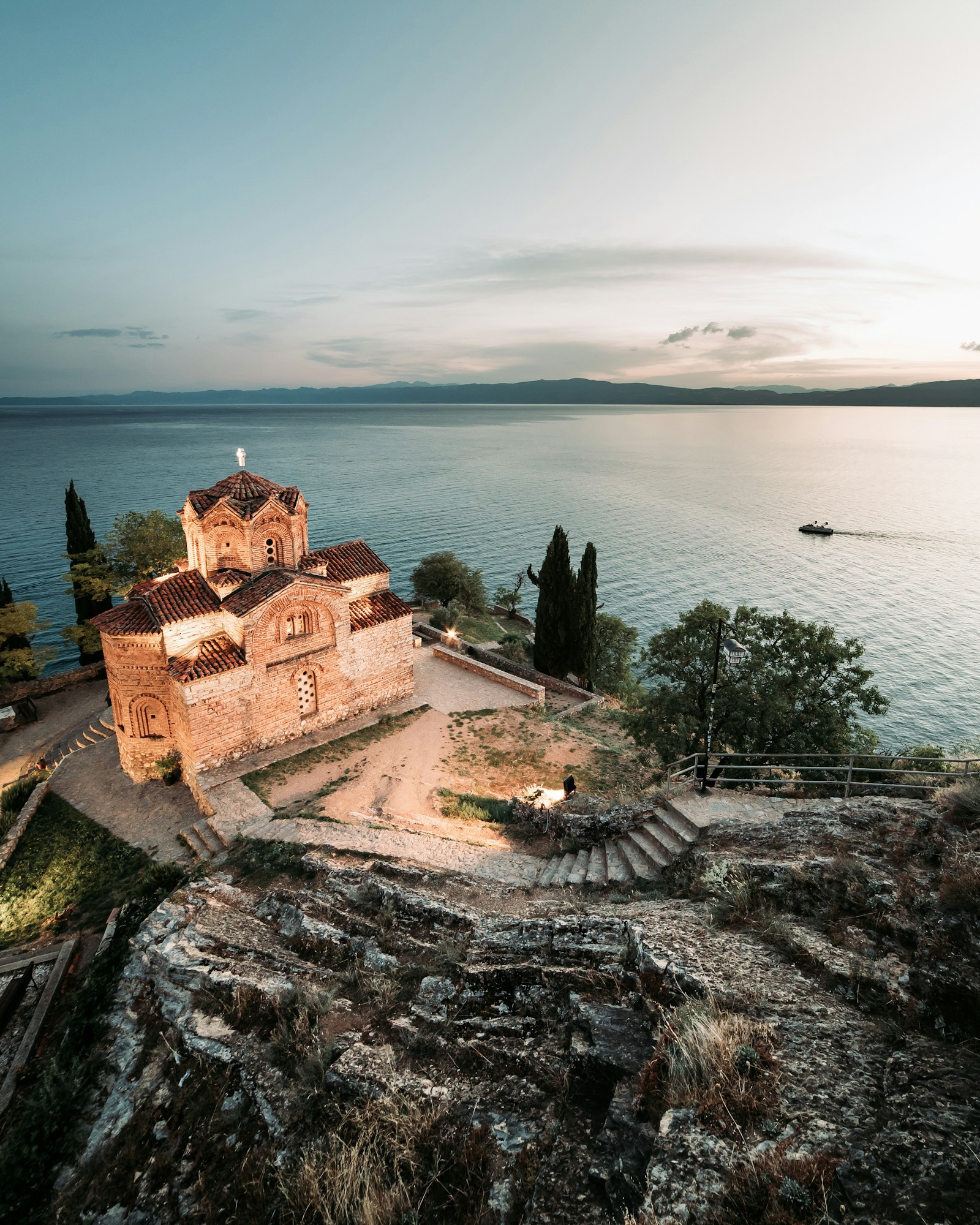The church of St John at Kaneo on a cliff above Lake Ohrid at sunset in North Macedonia