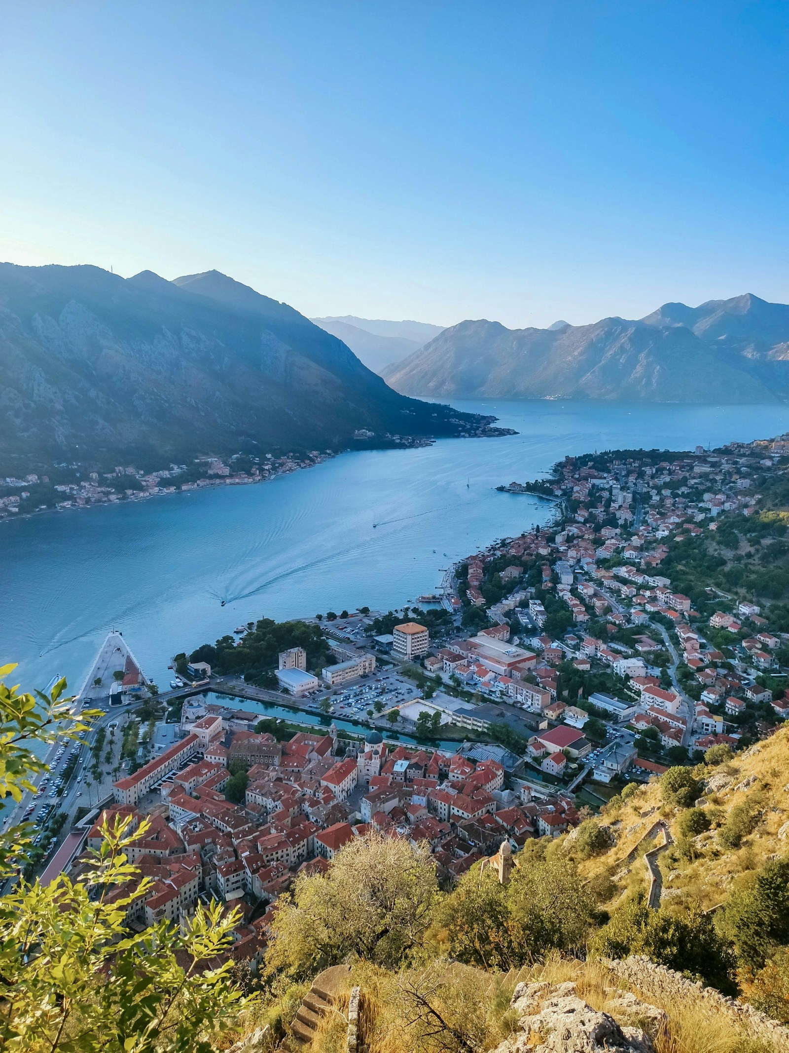 The Bay of Kotor coiling between steep mountains with the red-roofed town of Kotor below