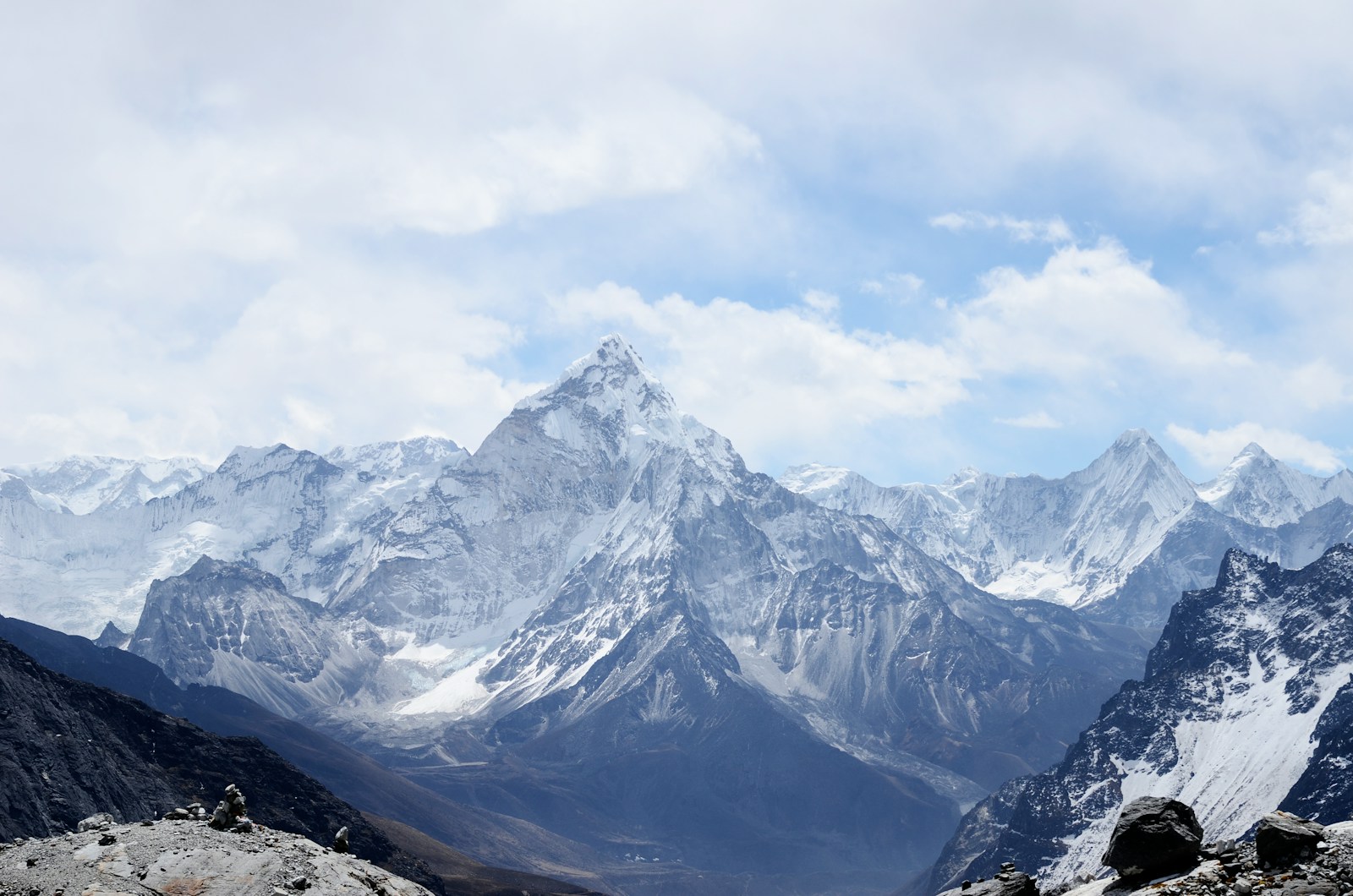The sharp snow peak of Ama Dablam rising above the Everest region of the Nepal Himalaya