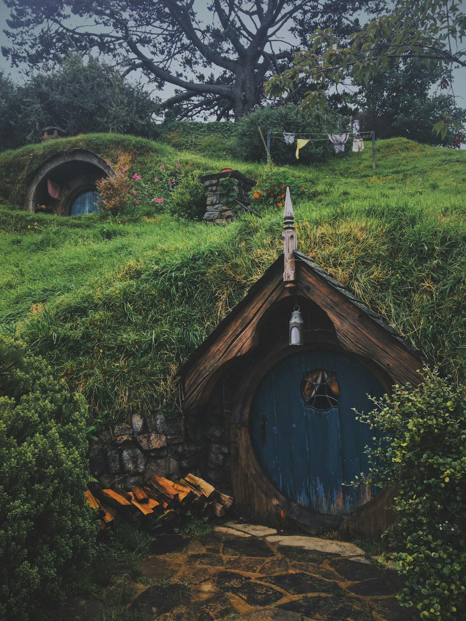 A hobbit hole with a round blue door on the green hillside of Hobbiton