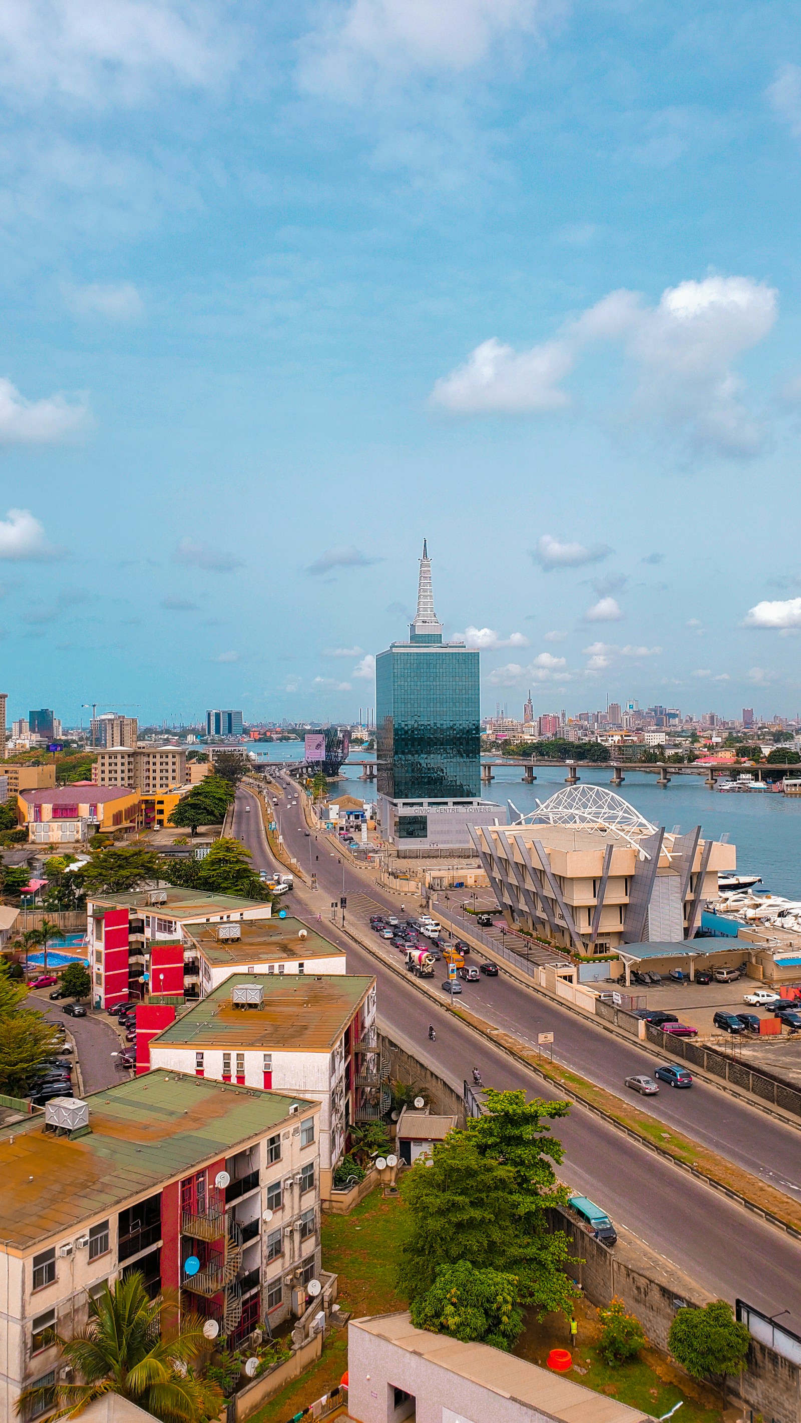 The Lagos skyline and lagoon seen from Victoria Island in Nigeria