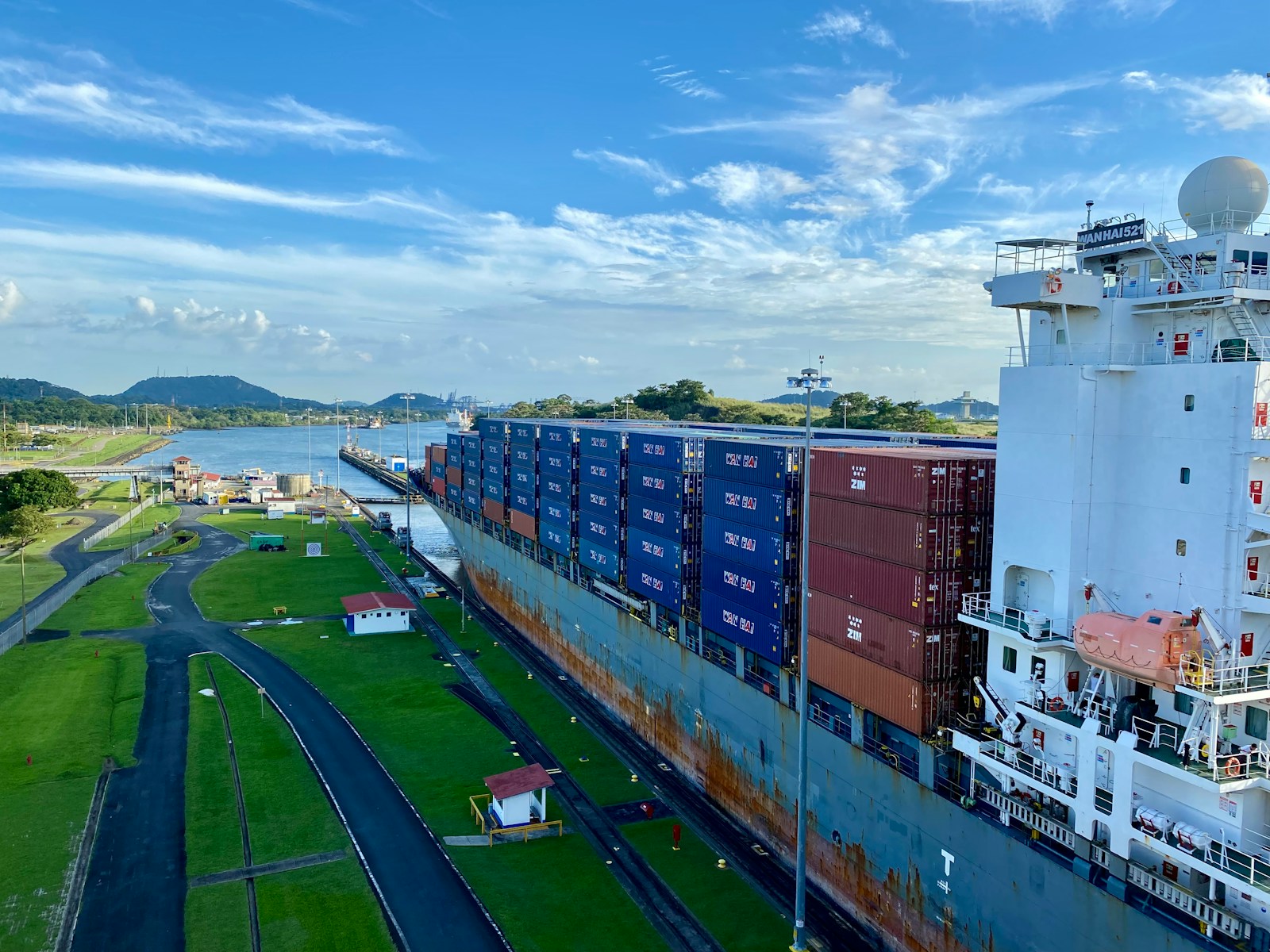 A container ship transiting the locks of the Panama Canal