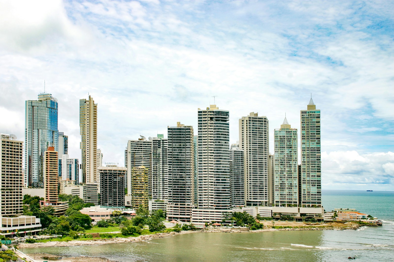 The modern skyscraper skyline of Panama City along the Pacific waterfront