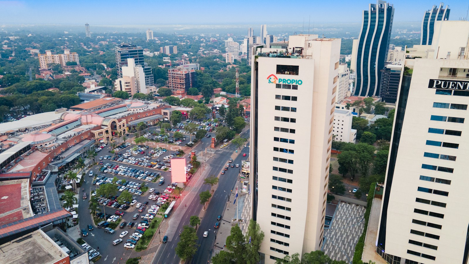An aerial view of the modern towers, shopping, and streets of Asuncion, Paraguay