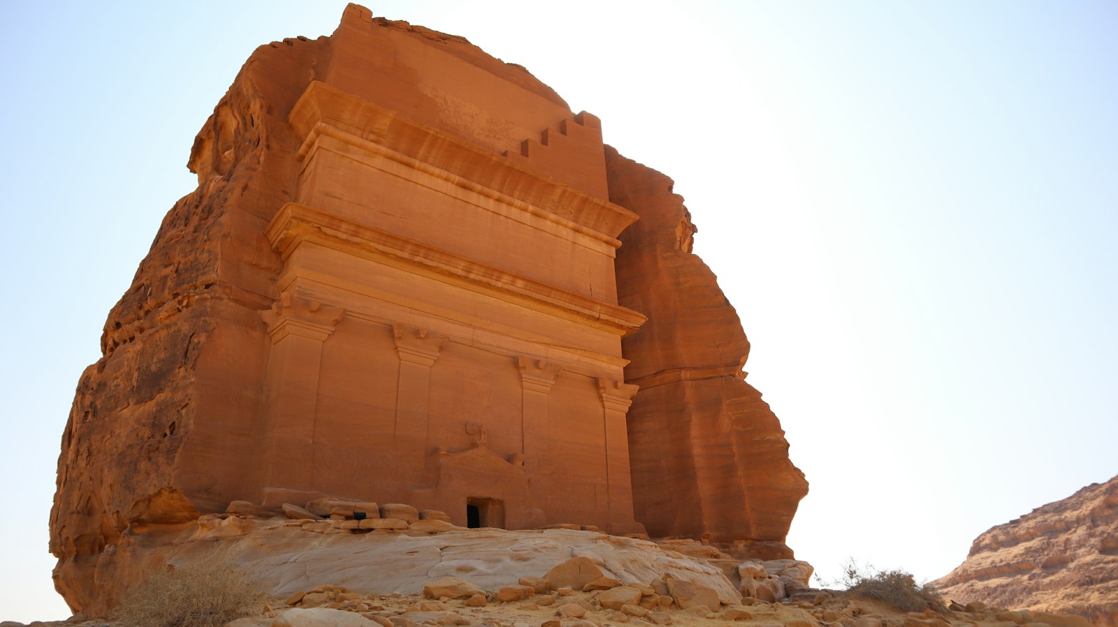 The freestanding Nabataean rock-cut tomb of Qasr al-Farid at Hegra in AlUla