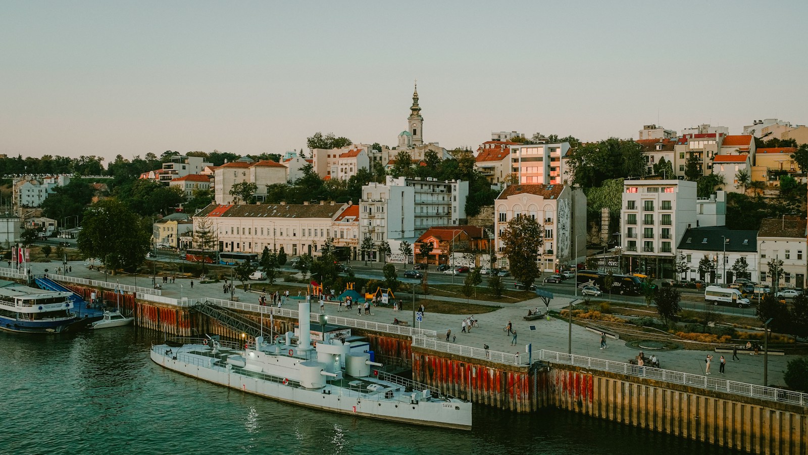 The Belgrade riverfront on the Sava with the old town and cathedral spire behind