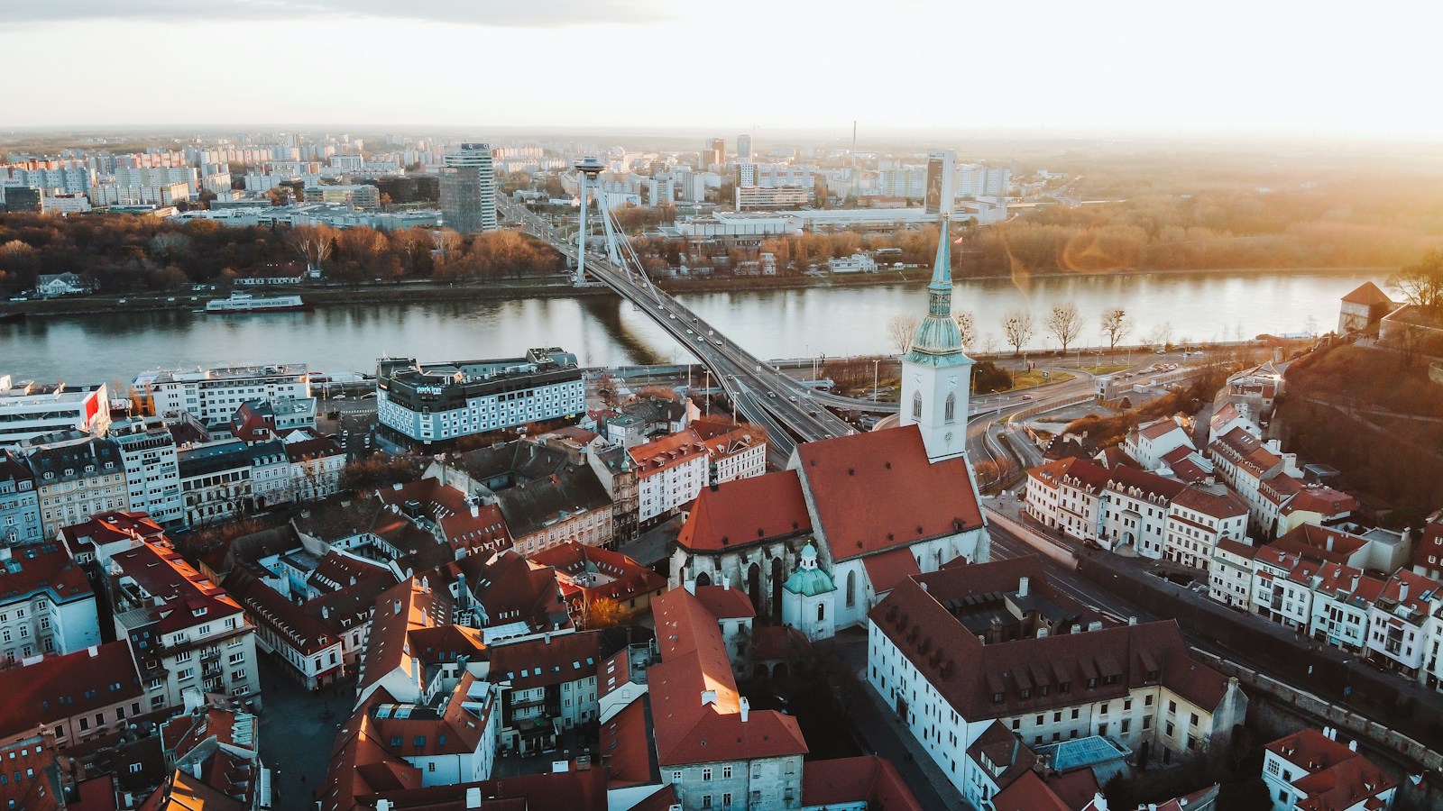 Aerial of Bratislava old town, the cathedral, and the Danube, Slovakia