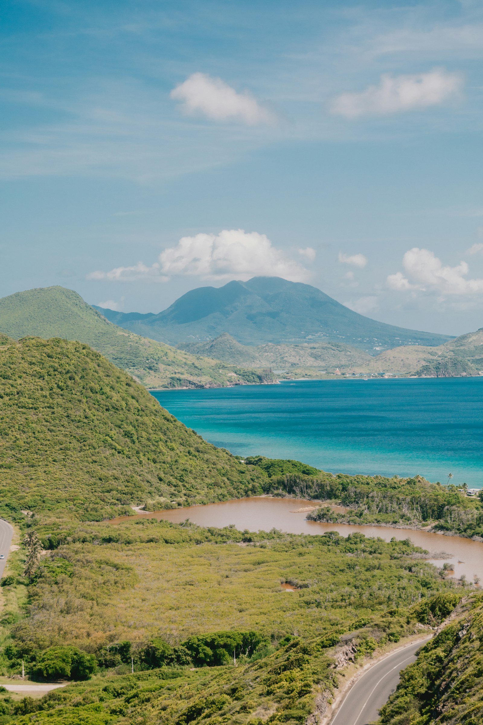 Green volcanic hills meeting the blue ocean, St Kitts and Nevis
