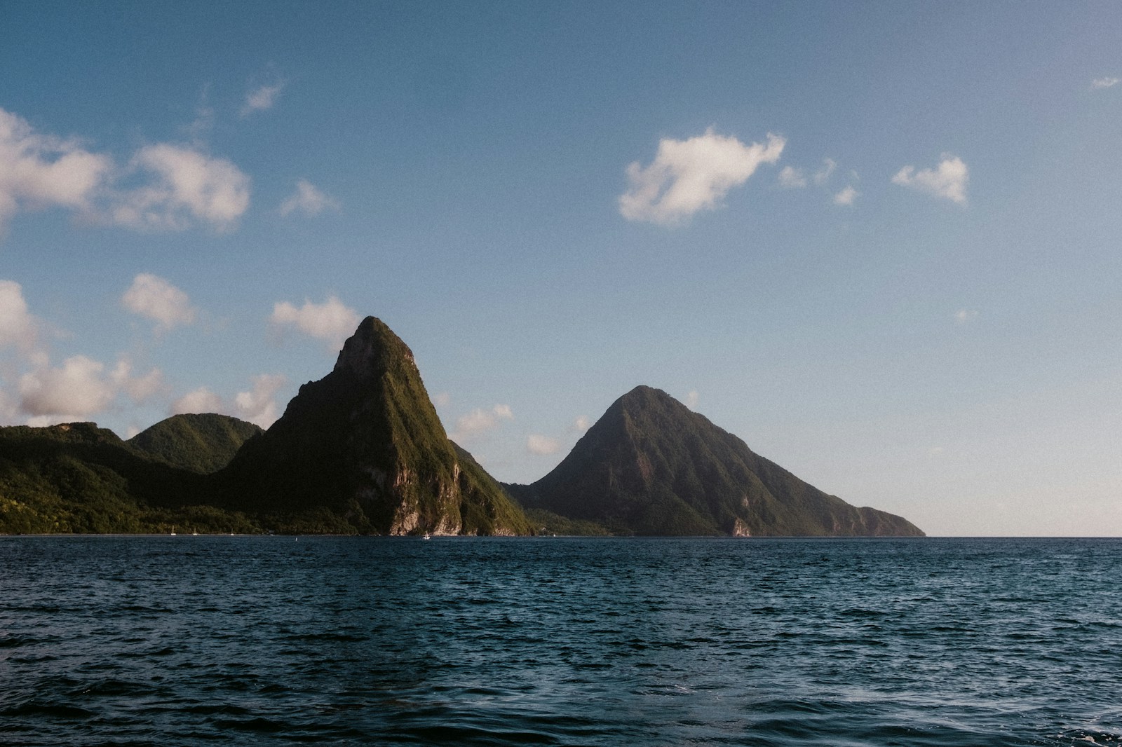 Gros Piton and Petit Piton seen from the deep blue sea, St Lucia