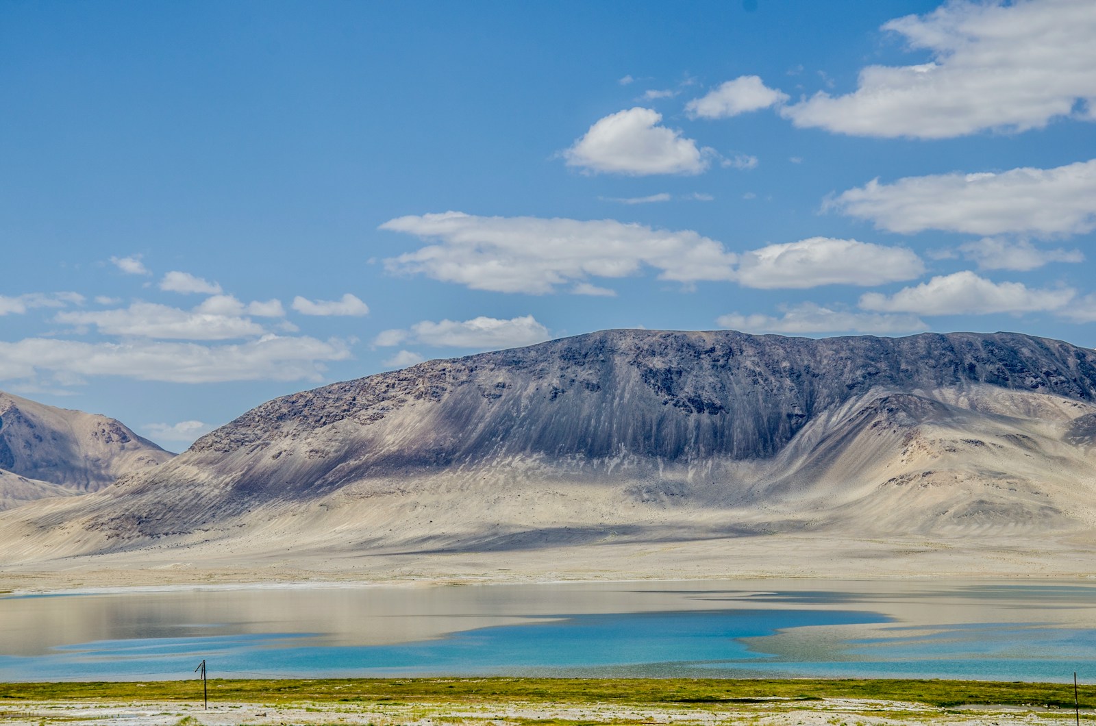 A high-desert Pamir plateau above a glacial lake, Tajikistan