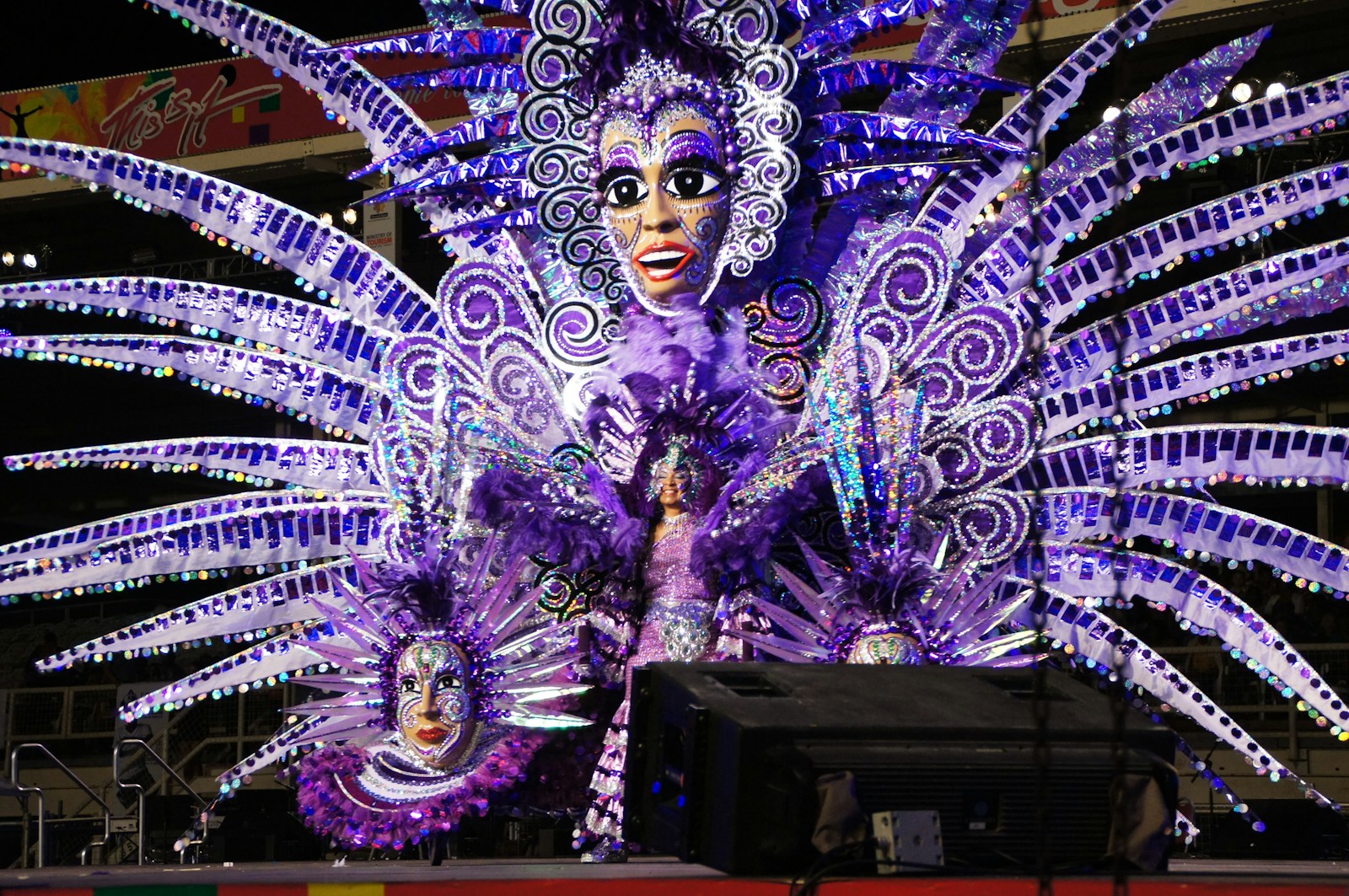 A masquerader in an elaborate purple feathered costume at Carnival, Port of Spain, Trinidad